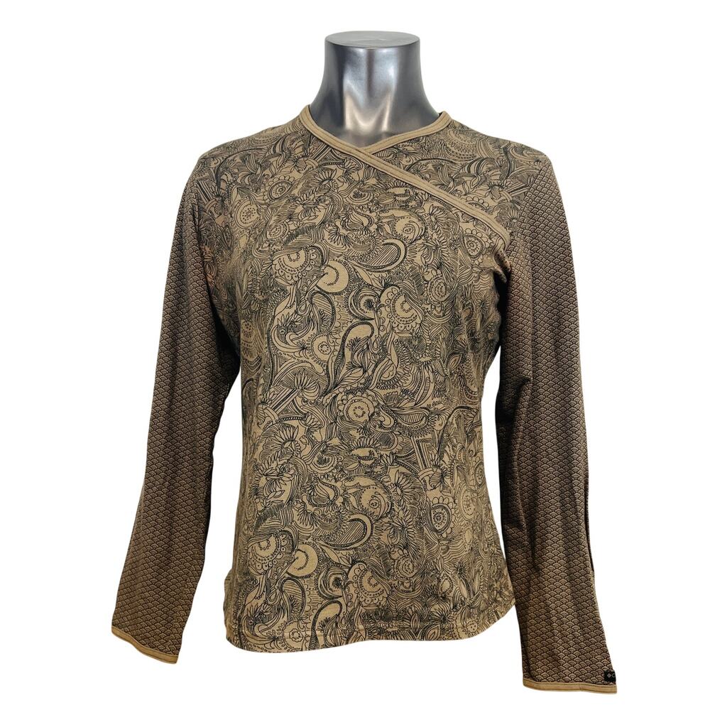 Columbia Women Tops Long Sleeve Contrast Sleeve Thumbhole Brown Wrap Neck M FLAW